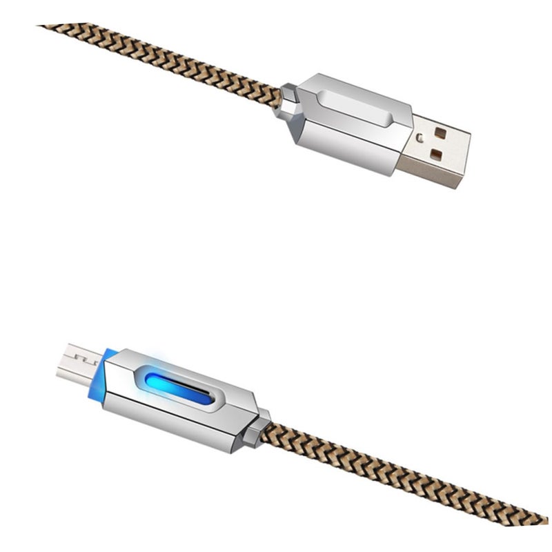 Gold Nylon Braided Micro USB Cable Fast Charging Data Sync With LED Light Indicator - Image 5